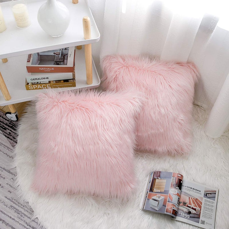 WLNUI Set of 2 Valentines Day Pink Fluffy Pillow Covers New Luxury Series Merino Style Blush Faux Fur Decorative Throw Pillow Covers Square Fuzzy Cushion Case 20x20 Inch - Image 4